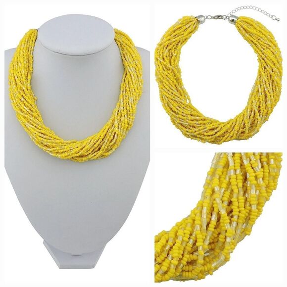 🔸️NWT Yellow Beaded Multi Strand Statement Necklace - Picture 1 of 10